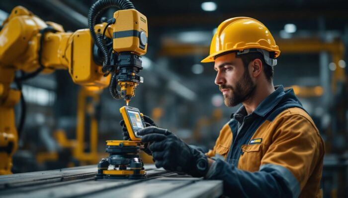 A photograph of a skilled operator using a trimble gps device in an industrial setting