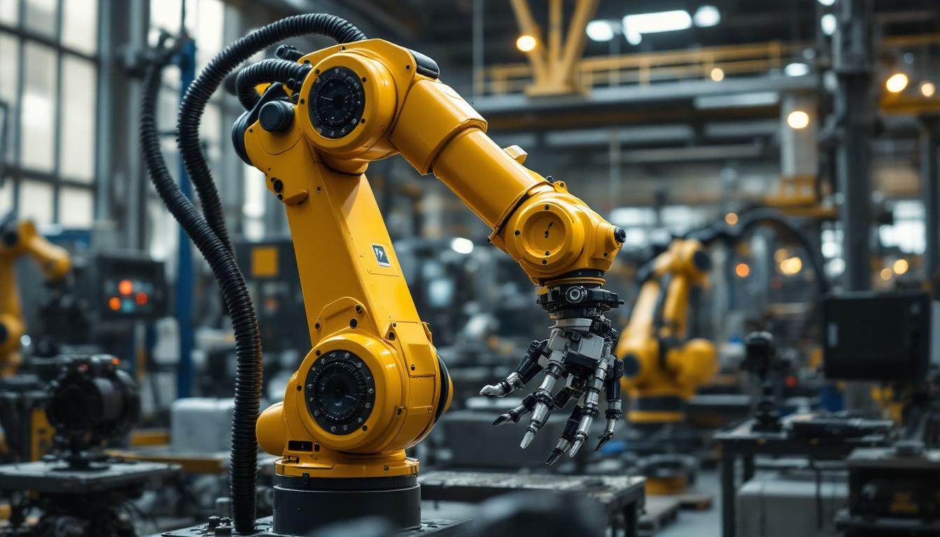 A photograph of a dynamic industrial robotic arm in action within the mechanics institute san francisco