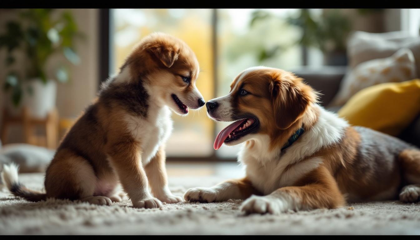 A photograph of a playful interaction between a puppy and an older dog in a home setting