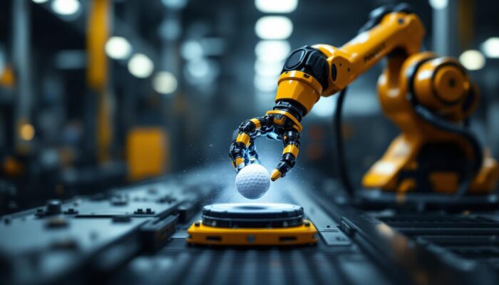 A photograph of a sleek industrial robotic arm in action