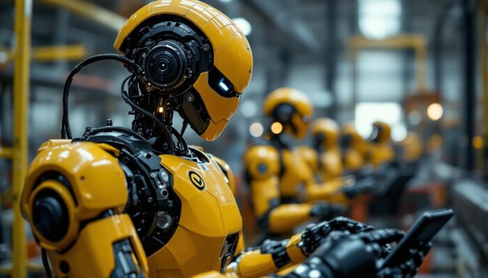 A photograph of a boston dynamics humanoid robot in an industrial setting