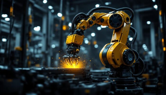A photograph of a sleek industrial robotic arm in action