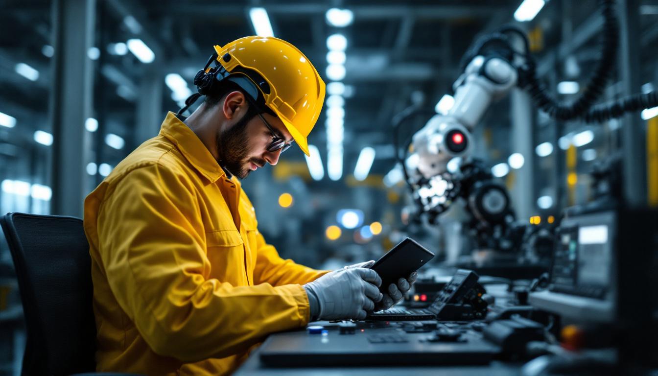 A photograph of a skilled technician working with an industrial robot in a modern manufacturing facility