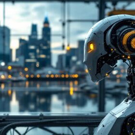 A photograph of capture a photograph of boston's skyline juxtaposed with industrial robots in a manufacturing setting