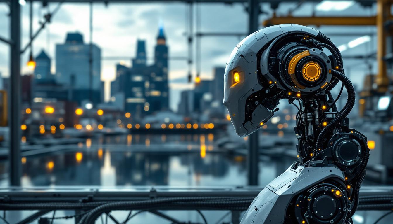 A photograph of capture a photograph of boston's skyline juxtaposed with industrial robots in a manufacturing setting