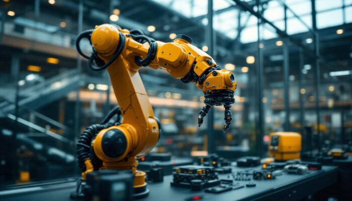 A photograph of capture a photograph of a dynamic industrial robotic arm in action within the swiss national museum zurich