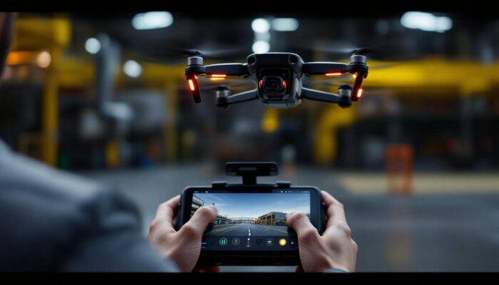 A photograph of capture a photograph of a drone equipped with a remote control screen in an industrial setting