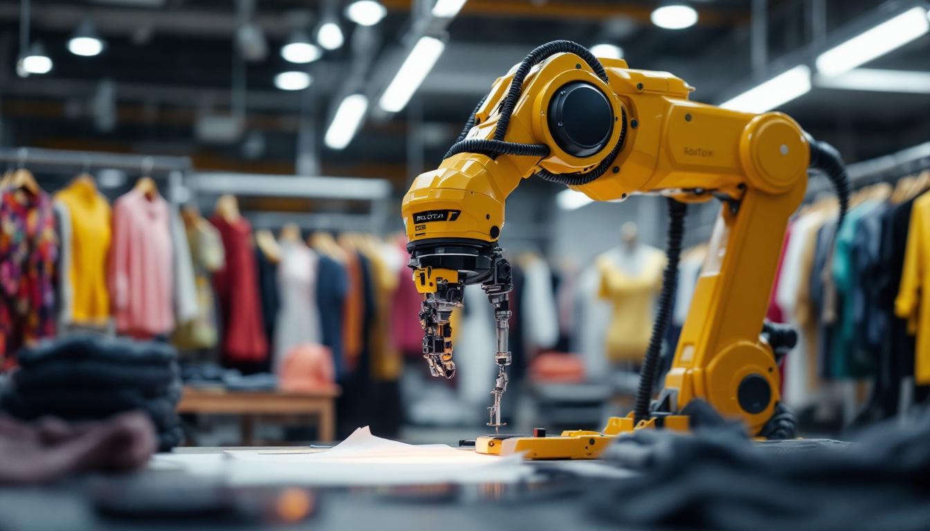 A photograph of capture a photograph of a modern industrial robotic arm in action within a boston store apparel setting