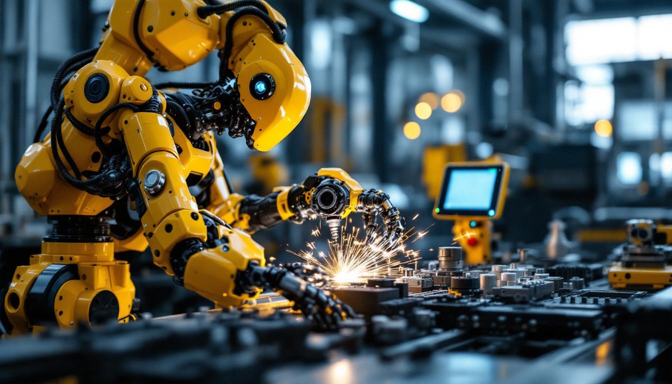 A photograph of a sleek industrial robot in action on a factory floor