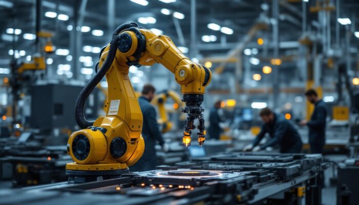 A photograph of a sleek industrial robotic arm in action within a modern manufacturing environment
