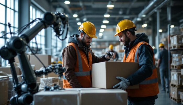 A photograph of a dynamic scene featuring a moving company team working alongside advanced industrial robots