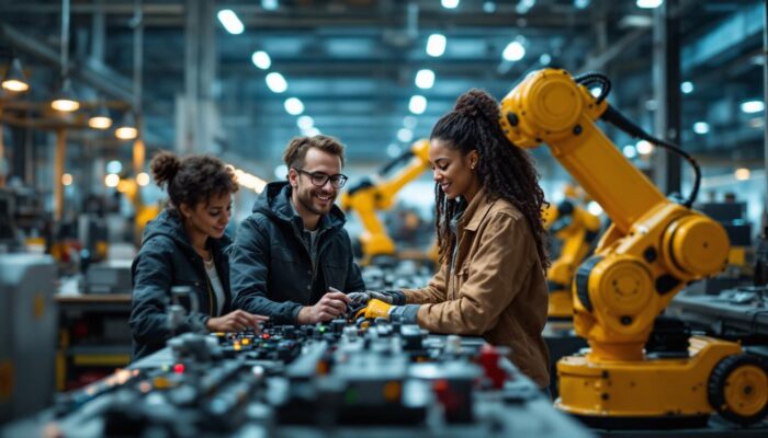 A photograph of a dynamic industrial robotics setting