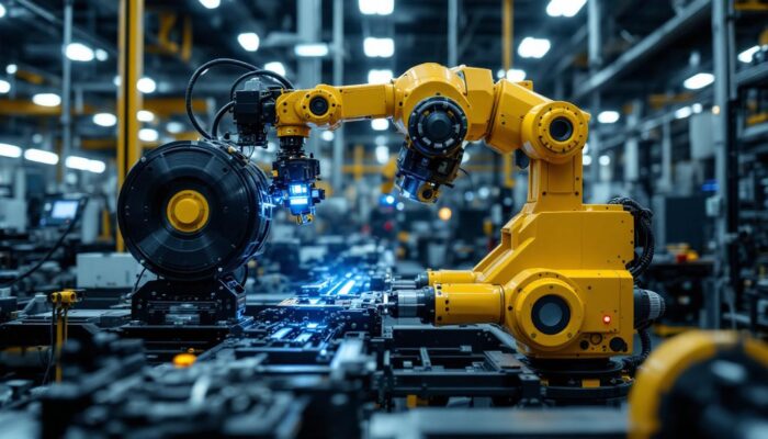 A photograph of a sleek industrial robot in action within a manufacturing environment