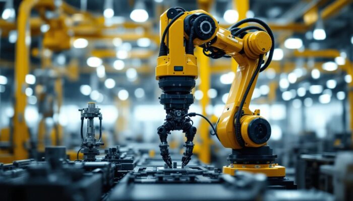 A photograph of capture a photograph of a sleek industrial robotic arm in action within a modern manufacturing facility