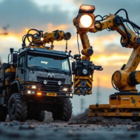 A photograph of a rugged truck equipped with an industrial robotic arm featuring a remote spotlight