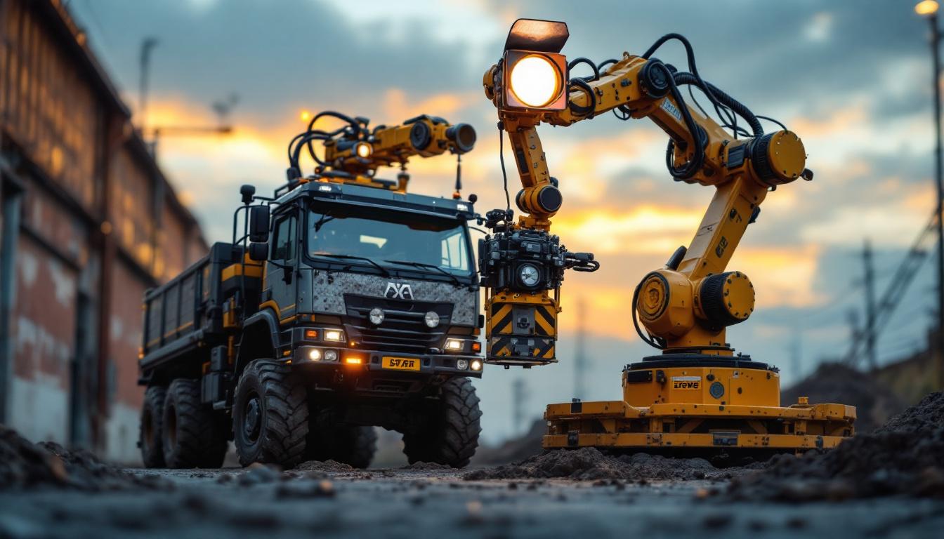A photograph of a rugged truck equipped with an industrial robotic arm featuring a remote spotlight