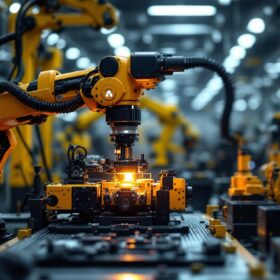 A photograph of a sleek industrial robotic arm in action