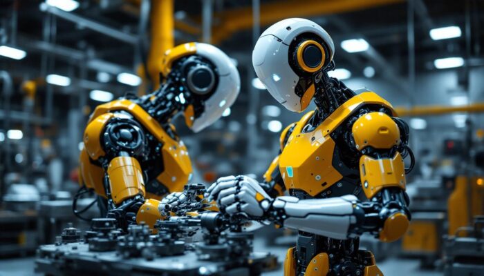 A photograph of a sleek industrial robot in action within a modern manufacturing environment