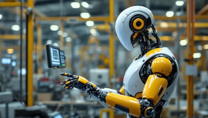 A photograph of a sleek industrial robot in action within a modern manufacturing environment