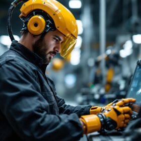 A photograph of a skilled technician programming an industrial robot in a modern manufacturing environment