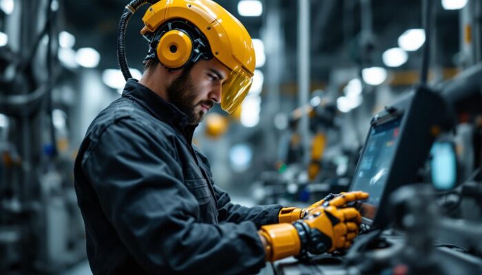 A photograph of a skilled technician programming an industrial robot in a modern manufacturing environment