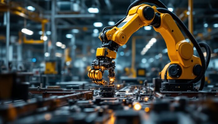 A photograph of a modern industrial robotic arm in action within a factory setting