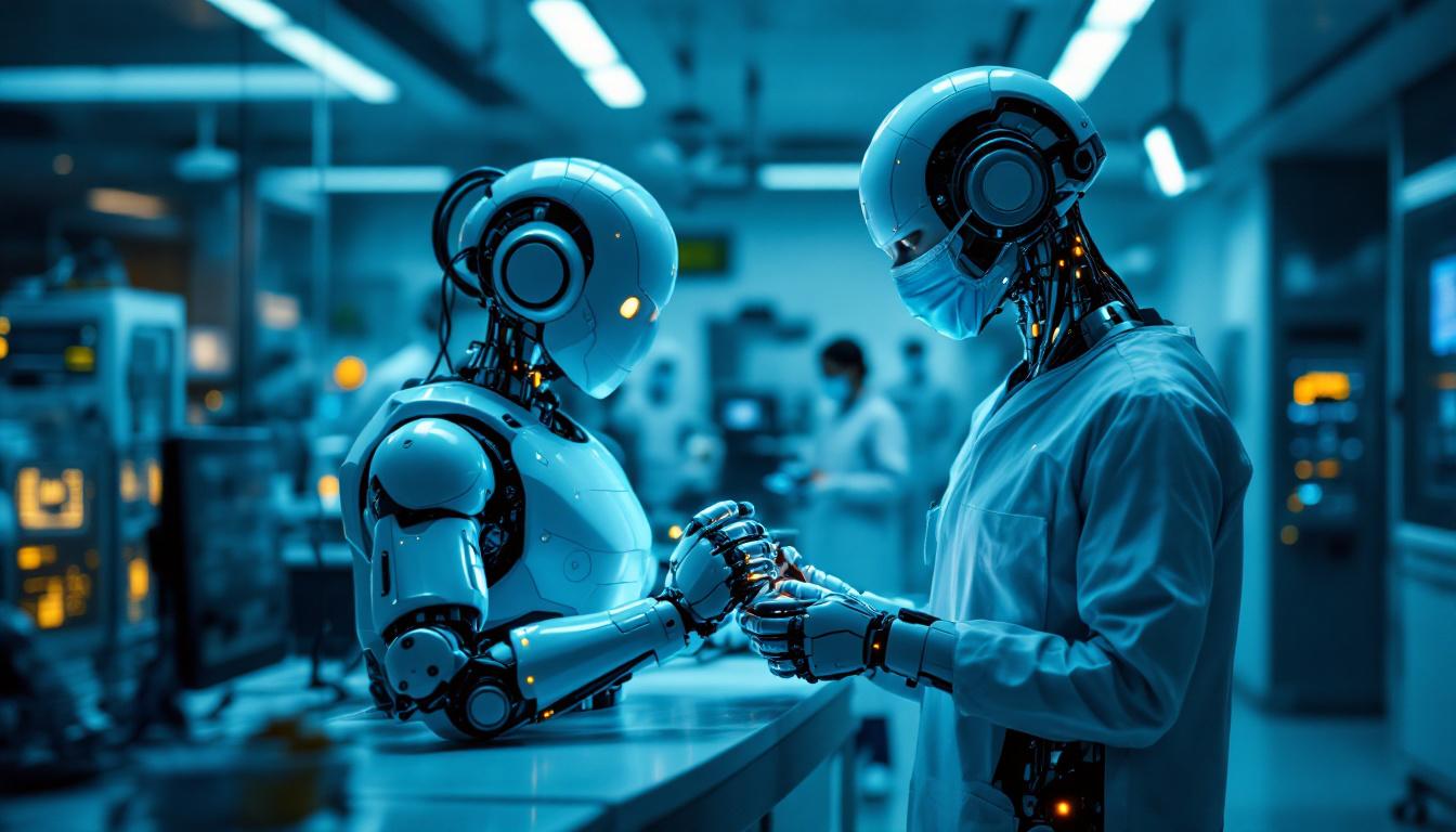 A photograph of a sleek industrial robot in action within a modern healthcare setting