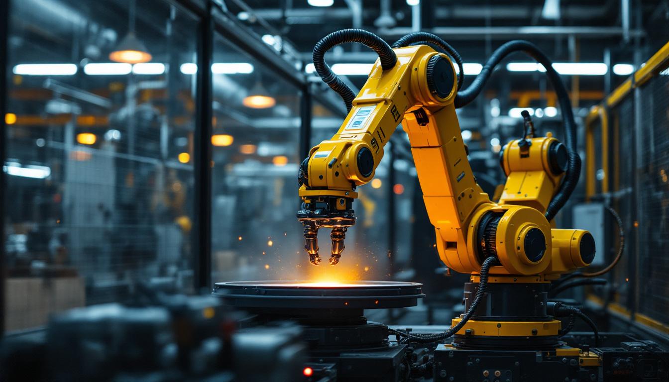 A photograph of a sleek industrial robotic arm in action at texas dog co.