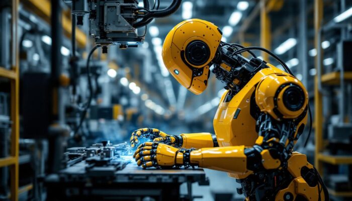 A photograph of capture a photograph of an industrial robot in action within a manufacturing setting