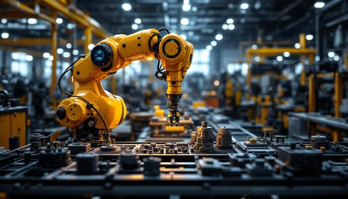 A photograph of a modern industrial robot in action within a manufacturing setting