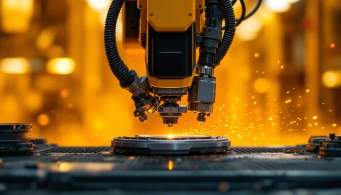 A photograph of a sleek industrial robot in action