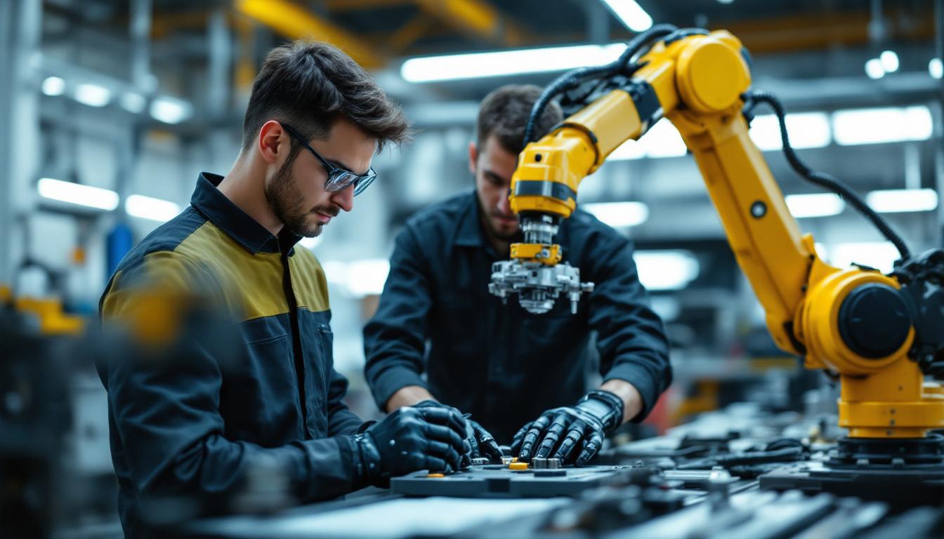 A photograph of a skilled technician working alongside an industrial robotic arm in a dynamic workshop setting