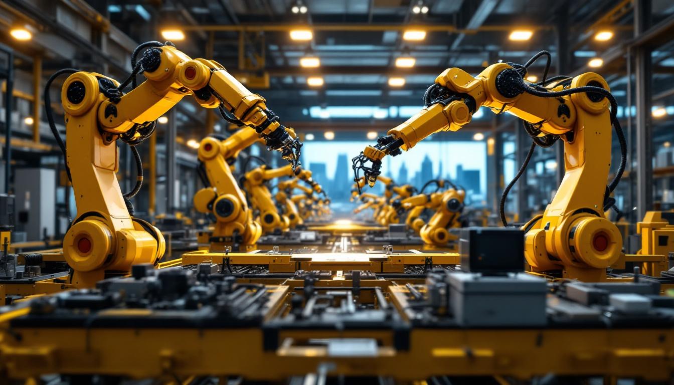 A photograph of a dynamic industrial robotics facility in action