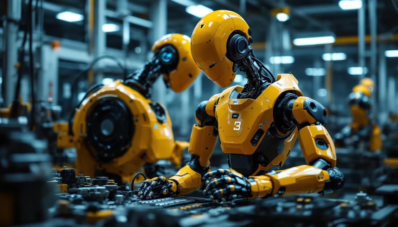 A photograph of a dynamic industrial robot in action within a modern manufacturing environment