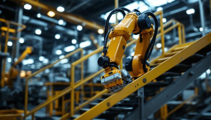 A photograph of a sleek industrial robotic arm in action as it precisely maneuvers to assemble or manipulate components on a staircase