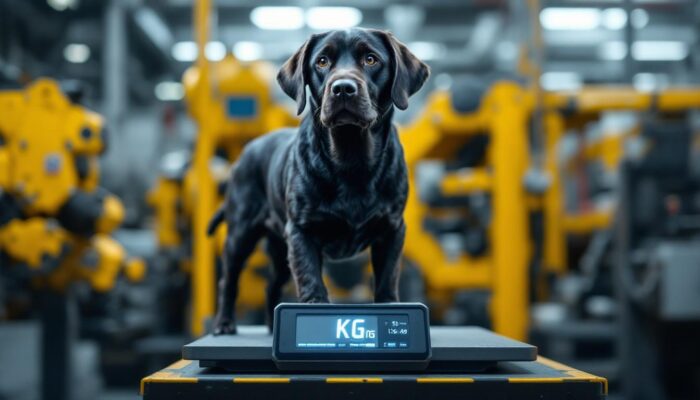 A photograph of a labrador retriever standing on a scale