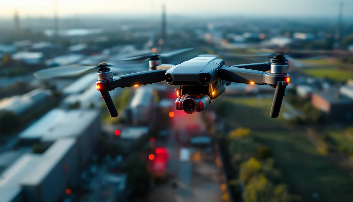 A photograph of a drone equipped with a laser scanning device in action