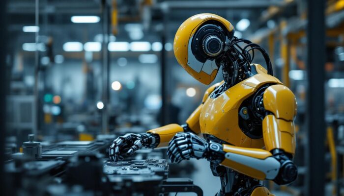 A photograph of a sleek industrial robot in action within a modern manufacturing setting