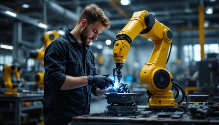 A photograph of a skilled apprentice working hands-on with an industrial robotic arm in a modern workshop setting