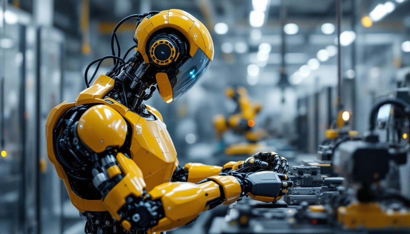 A photograph of a sleek industrial robot in action within a modern manufacturing environment