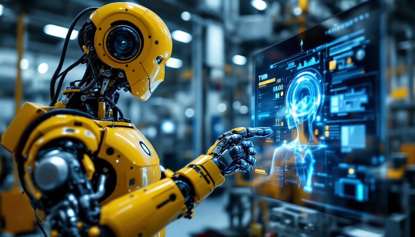 A photograph of a modern industrial robot interacting with a digital twin interface on a screen