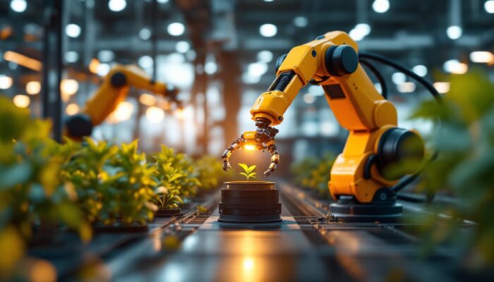 A photograph of a sophisticated industrial robotic arm interacting with a smart plant sensor in a modern manufacturing environment