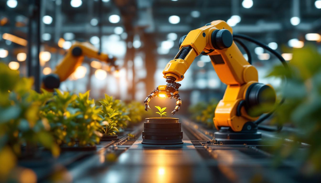 A photograph of a sophisticated industrial robotic arm interacting with a smart plant sensor in a modern manufacturing environment