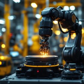 A photograph of a sleek industrial robotic arm in action