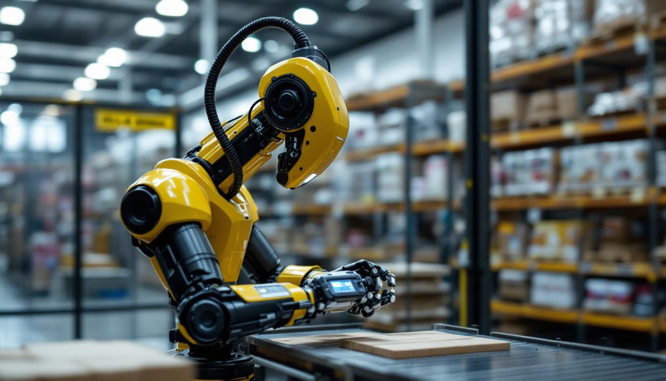 A photograph of a sleek industrial robot in action at a dollar general distribution center