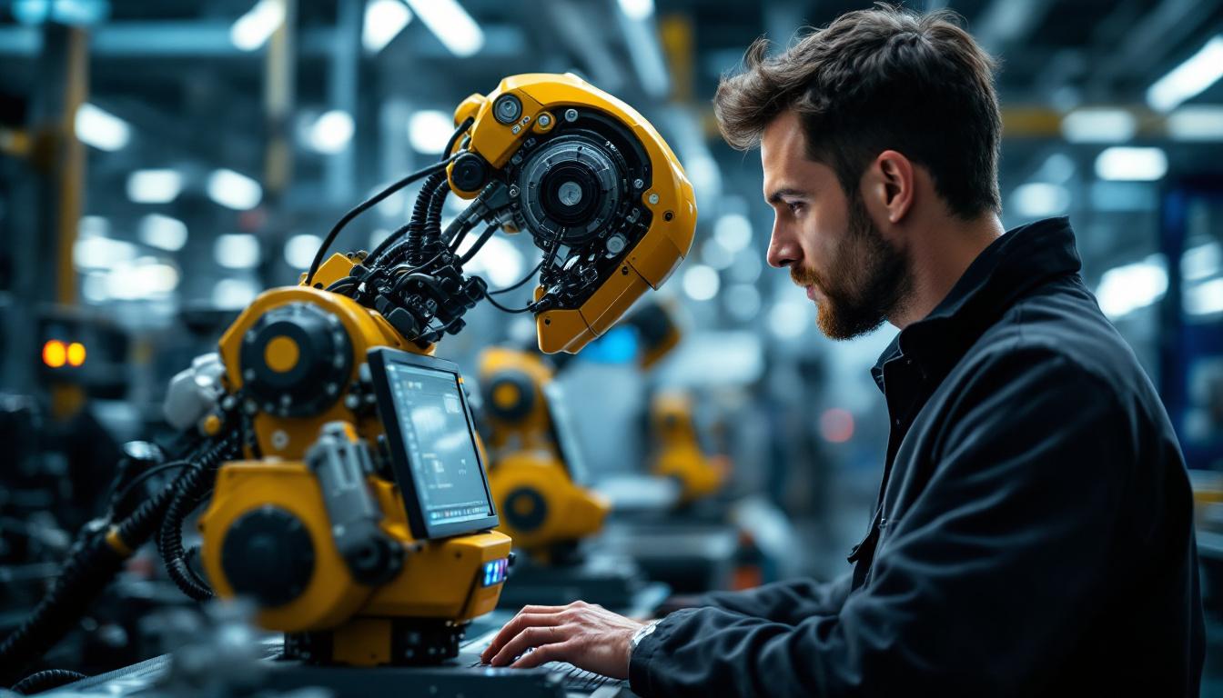 A photograph of a skilled technician programming or operating an industrial robot in a modern manufacturing setting