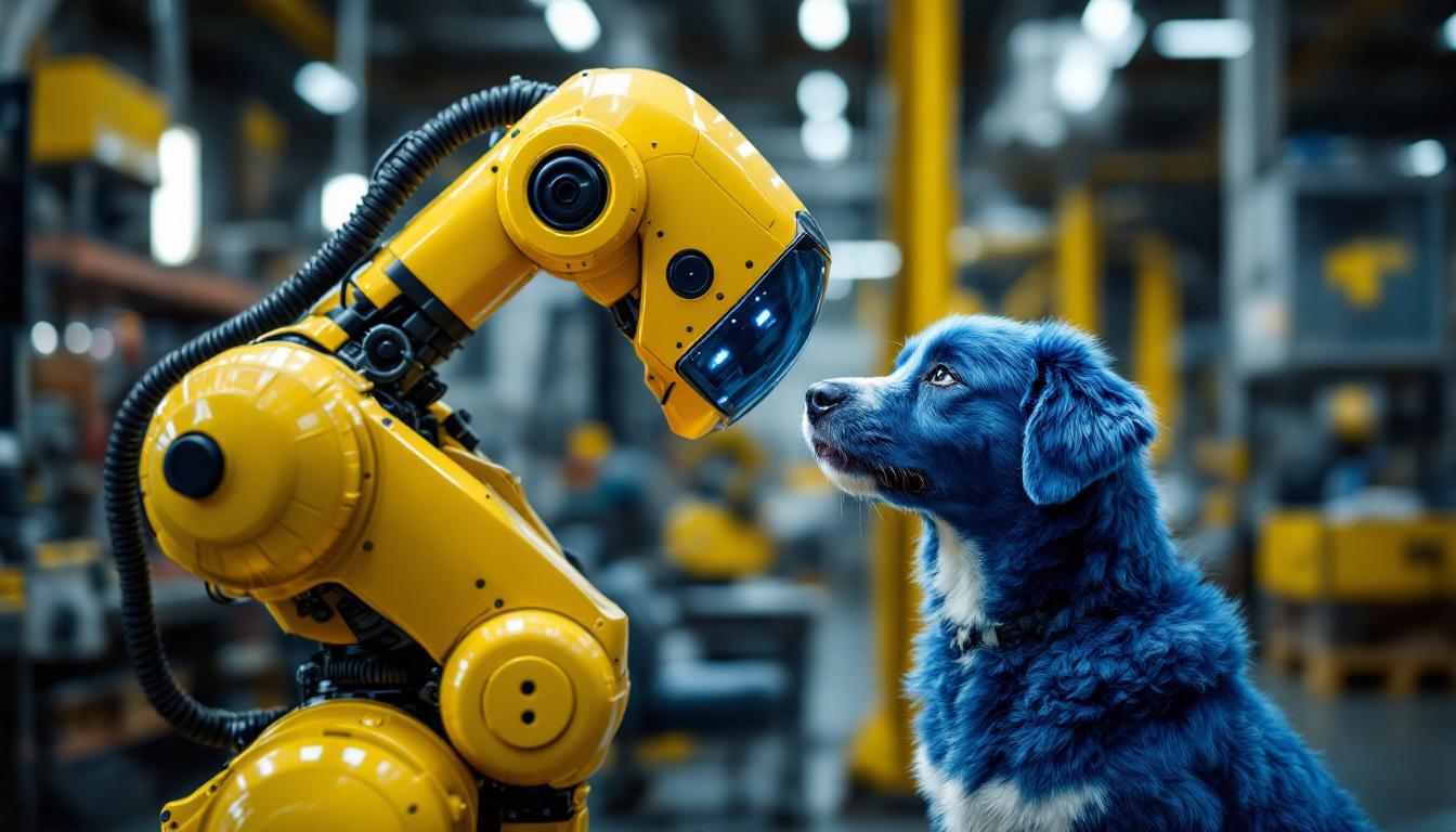 A photograph of a playful blue dog interacting with an industrial robot in a workshop setting