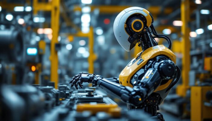 A photograph of a sleek industrial robot in action within a manufacturing environment