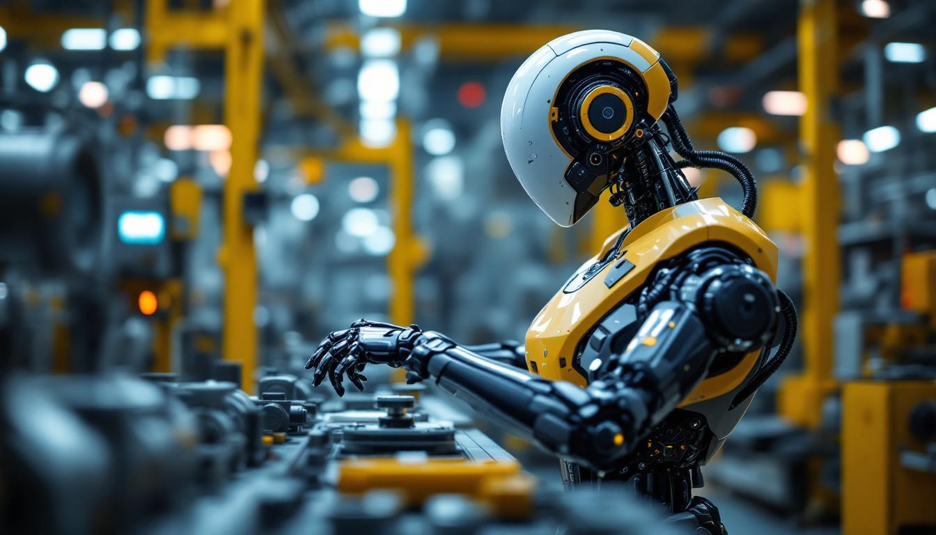 A photograph of a sleek industrial robot in action within a manufacturing environment