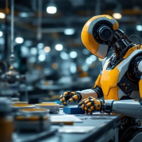 A photograph of a modern industrial robot in action within a manufacturing facility